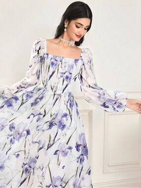 SHEIN Lavender Floral Square-Neck Long Sleeve Maxi Dress